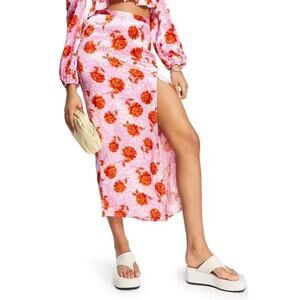 Topshop Pink Floral Midi Skirt Size 2 US | Red Rose Print Side Slit High Waist